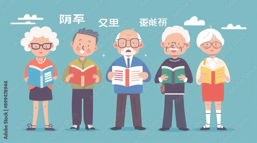 Aufkleber A group of elderly individuals studies foreign languages using textbooks and dictionaries, focused and enjoying the learning process together. Generative AI