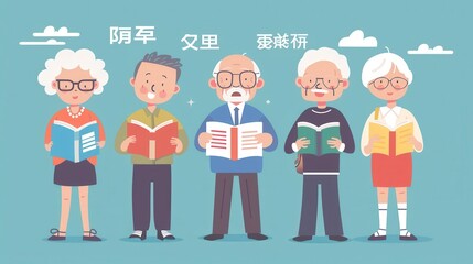 A group of elderly individuals studies foreign languages using textbooks and dictionaries, focused and enjoying the learning process together. Generative AI