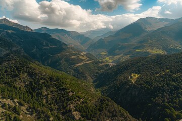 Naklejka premium Aerial view of lush mountain landscape in Vall dIncles Canillo Andorra.