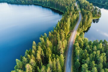 Aerial view of road through Finnish woods and lakes.