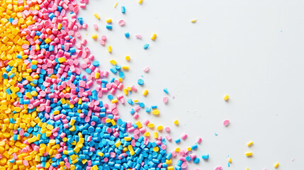 Fototapeta premium Top view of pastel colored polymer masterbatch granules, light background, industrial plastic template. Generative AI