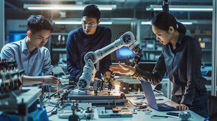 Engineers collaborating on a robotics project in a modern lab