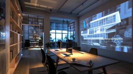 modern architect's office with virtual reality architectural walkthroughs projected on the walls