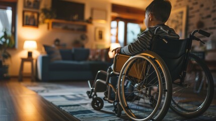 Obraz premium Boy in wheelchair in cozy living room with ambient lighting. Quiet, contemplative moment in accessible home environment. Celebrating inclusion and adaptive comfort.