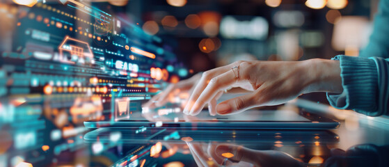 Navigating the Digital Matrix: A close-up of hands interacting with a holographic interface, seamlessly blending the physical and digital realms in a testament to technological advancement. 