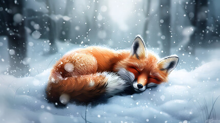Fototapeta premium Sleeping Fox in a Snowy Forest Illustration