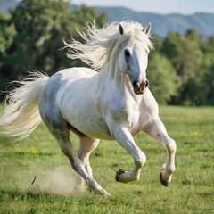 Obraz premium White horse running in flowery pasture