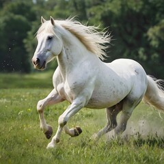Obraz premium White horse running in flowery pasture