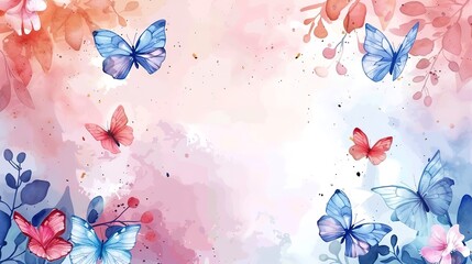 Cute cartoon butterfly frame border on background in watercolor style. 