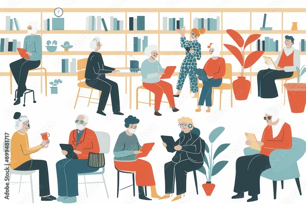 Aufkleber A group of elderly individuals enjoys reading, using tablets, and socializing in a warm library filled with plants and books. Generative AI