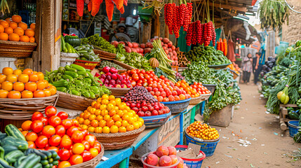 Fototapeta premium Fruit seller arranging colorful fresh produce at his market stall in developing country