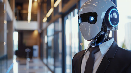 A robot in a business suit in a high-tech office