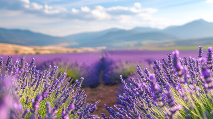 Fototapeta premium Beautiful lavender field against the backdrop of mountains