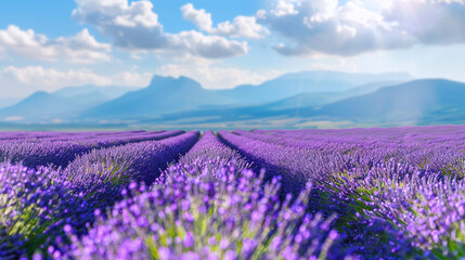 Fototapeta premium Beautiful lavender field against the backdrop of mountains