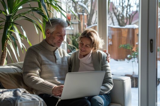 Happy mature couple using laptop at home  Happy mature couple using laptop at home