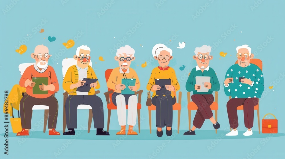 Poster a group of elderly individuals are gathered together, joyfully using tablets and smartphones, foster