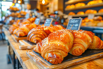 Freshly baked croissants displayed on wooden counter in bakery shop