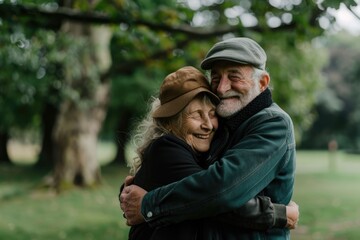 Fototapeta premium Happy elderly couple in park with good health and relationship.