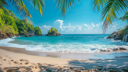 Scenic view of a tropical beach with palm trees, white sand and turquoise water