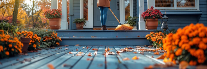 Person sweeping front porch with fall foliage and potted flowers. Concept of seasonal outdoor cleaning and autumn