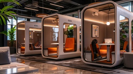 modern co-working space designed for digital nomads, with personal pods equipped for private virtual meetings