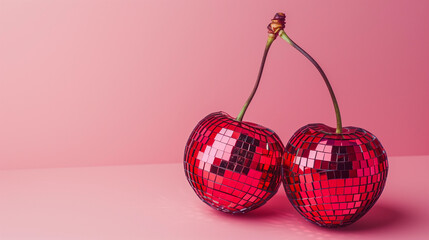 cherry disco ball fruit surreal pink background minimal pop art shiny glossy reflective playful vibrant abstract creative modern concept quirky fun summer decor banner copy space whimsical statement