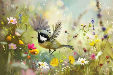 Obraz premium A lively scene of a great tit flitting among wildflowers in a sunny meadow. 