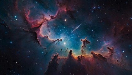 Fototapeta premium A vast, colorful nebula with shooting stars passing through