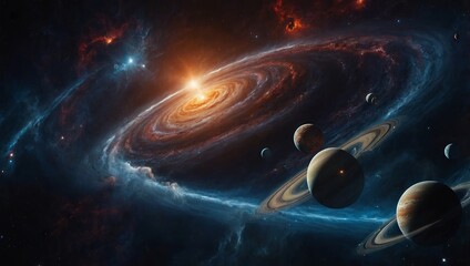 Deep space scene with a swirling nebula and multiple planets