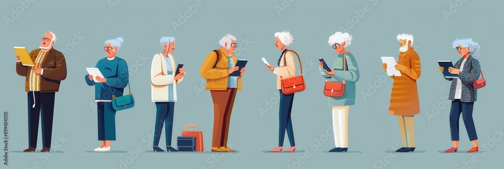 Poster a group of elderly people uses different devices while standing in a relaxed indoor environment, sho