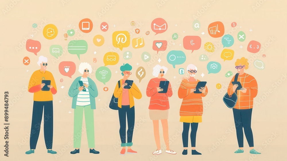 Poster A group of elderly individuals interacts with their tablets and smartphones amid a colorful array of social media icons. Generative AI