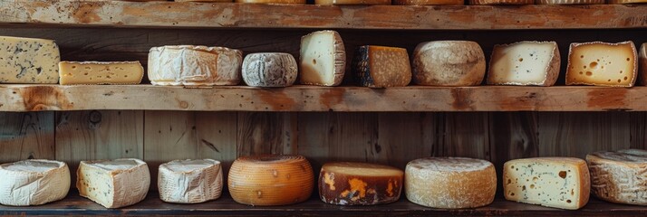 Fototapeta premium Display of artisanal cheese assortment on a shelf showcasing a diverse selection of cheese wheels in a gourmet food festival background