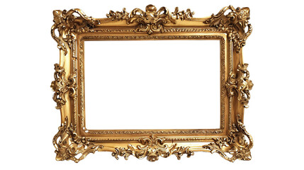 Vintage Golden Rectangle Frame on Transparent Background PNG - Antique Gold Carved Gilded Victorian Luxury Modern Empty Image Fretwork Woodcut Engraving Metal Carved Ornate Museum Picture Photo 
