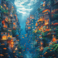 Fototapeta premium panoramic illustration of city buildings under the sea with nuances of coral reefs and fish