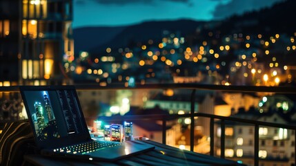 Obraz premium night-time virtual meeting setup on a balcony with city lights in the background and a glowing laptop screen