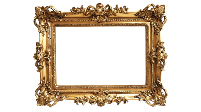 Vintage Golden Rectangle Frame on Transparent Background PNG - Antique Gold Carved Gilded Victorian Luxury Modern Empty Image Fretwork Woodcut Engraving Metal Carved Ornate Museum Picture Photo 
