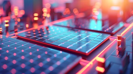 Glowing Holographic Energy Grid Powering Futuristic Cityscape with Solar Panels