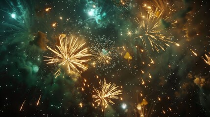 Fototapeta premium Gold and green fireworks bursting against a starry backdrop in the night sky
