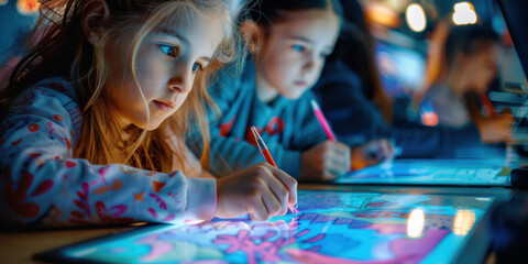 Children using digital tablets for learning, highlighting modern educational technology in an engaging classroom setting.