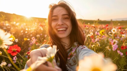 Beautiful girl taking a selfie in a blooming flower meadow in summer or late spring. Close-up of a happy woman.