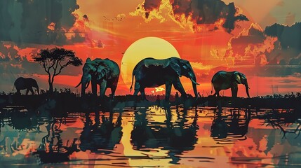 Elephants at Sunset Watercolor Art