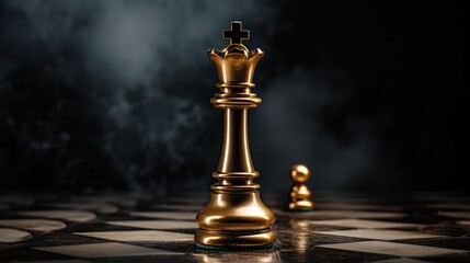 Photograph of a close-up chess piece and gold on a white wall with a high contrast lighting, creating a dramatic and intense atmosphere