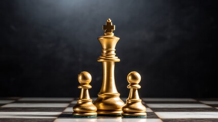 Photograph of a close-up chess piece and gold on a white wall with a high contrast lighting, creating a dramatic and intense atmosphere