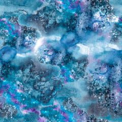 Watercolor illustration dark blue seamless pattern with abstract starry sky. Watercolor background of night sky and milky way, hand drawn
