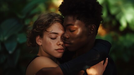 Fototapeta premium A young interracial couple embracing, symbolizing love transcending race.