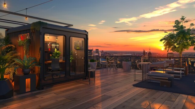 portable office setup on a rooftop terrace, with modular furniture, potted plants, and a spectacular view of the sunset over the city