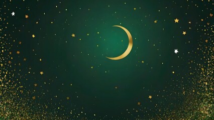 Naklejka premium A gradient background transitions from green to a darker shade, adorned with tiny golden glitter, a crescent moon, and twinkling stars.