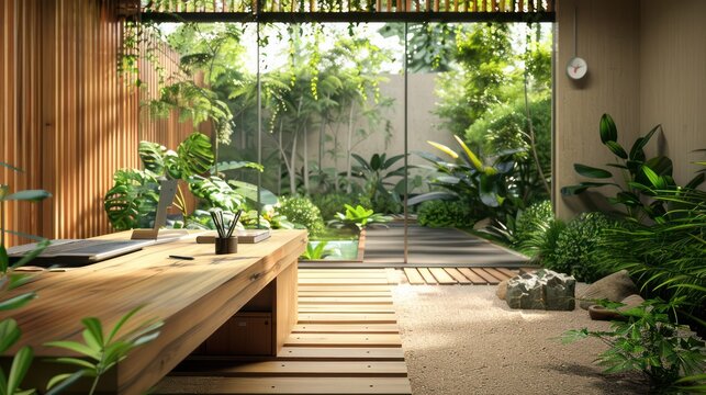 quiet, minimalist office space in a Zen garden, with a clean desk, natural wood, and a calming view of meticulously maintained greenery