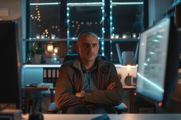 Fototapeta premium World of e-commerce app design with this compelling. Seated in a home office, the mid-adult businessman showcases confidence, innovation, and solution-oriented thinking