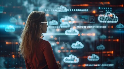 Businesswoman Using Augmented Reality to Manage Cloud Computing Data with Floating Digital Connections
